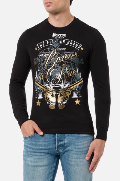 T-Shirt Nera A Manica Lunga Con Stampe Oro