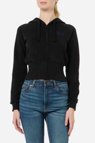 Felpa Strass Nera Con Cappuccio E Zip