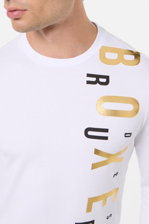 T-Shirt Bianca A Manica Lunga Con Stampe Oro E Nero