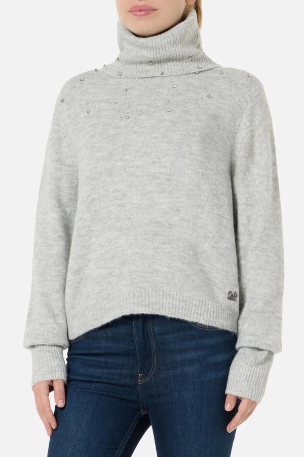 Maglione Grigio A Collo Alto Con Strass