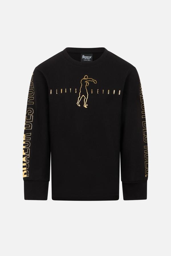 T-Shirt Nera A Manica Lunga Con Stampe Oro Black