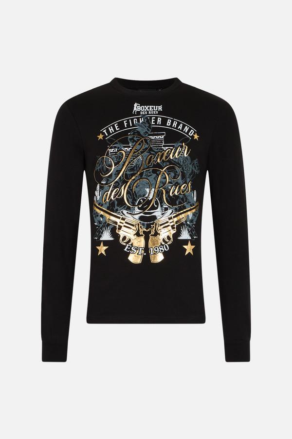 T-Shirt Nera A Manica Lunga Con Stampe Oro