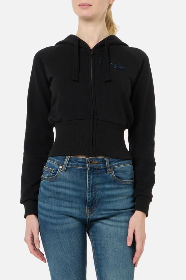 Felpa Strass Nera Con Cappuccio E Zip