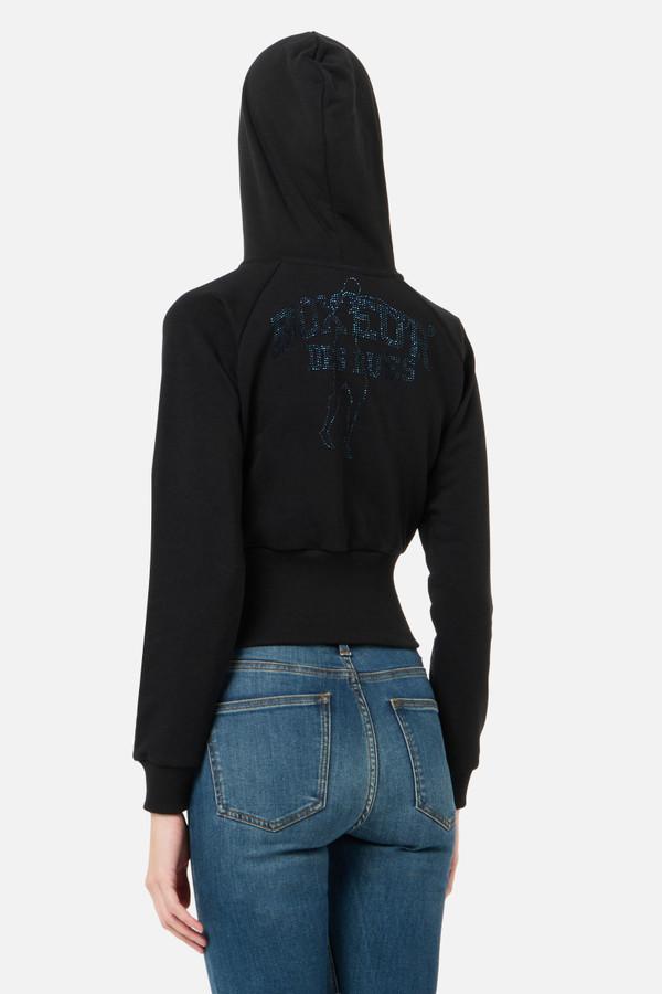 Felpa Strass Nera Con Cappuccio E Zip