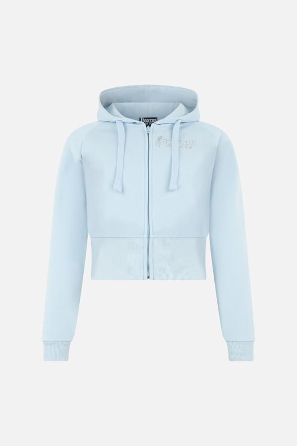 Felpa Strass Azzurra Con Cappuccio E Zip