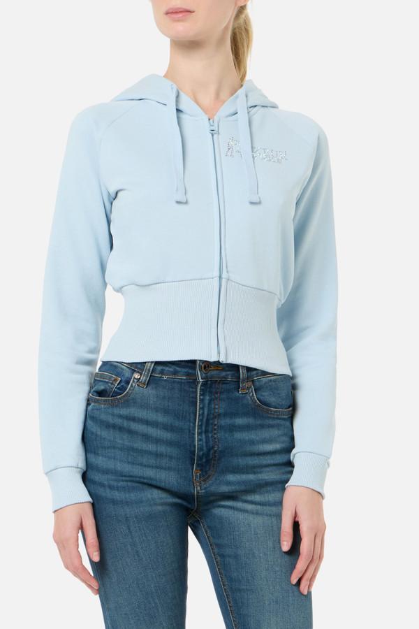 Felpa Strass Azzurra Con Cappuccio E Zip