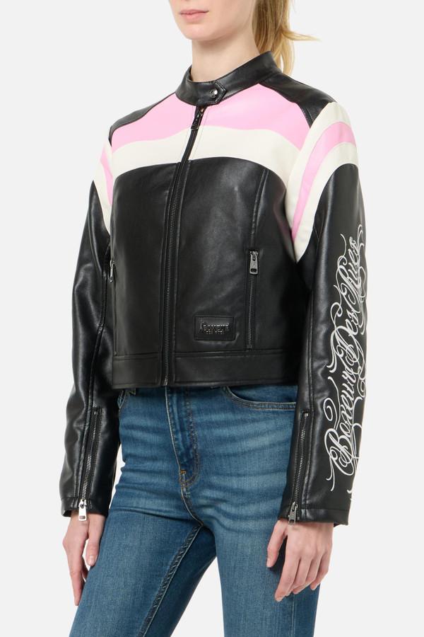Giacca In Finta Pelle Ricamata Black-Candy Pink