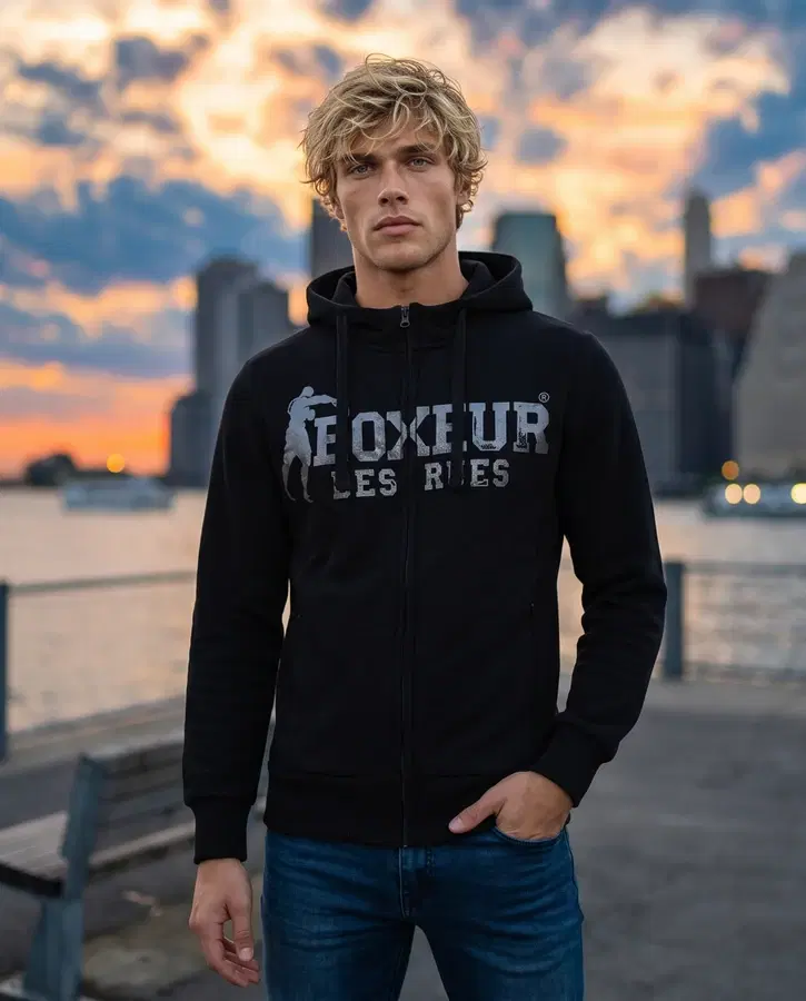 Felpa Logo Nera e Titanio Con Cappuccio E Zip